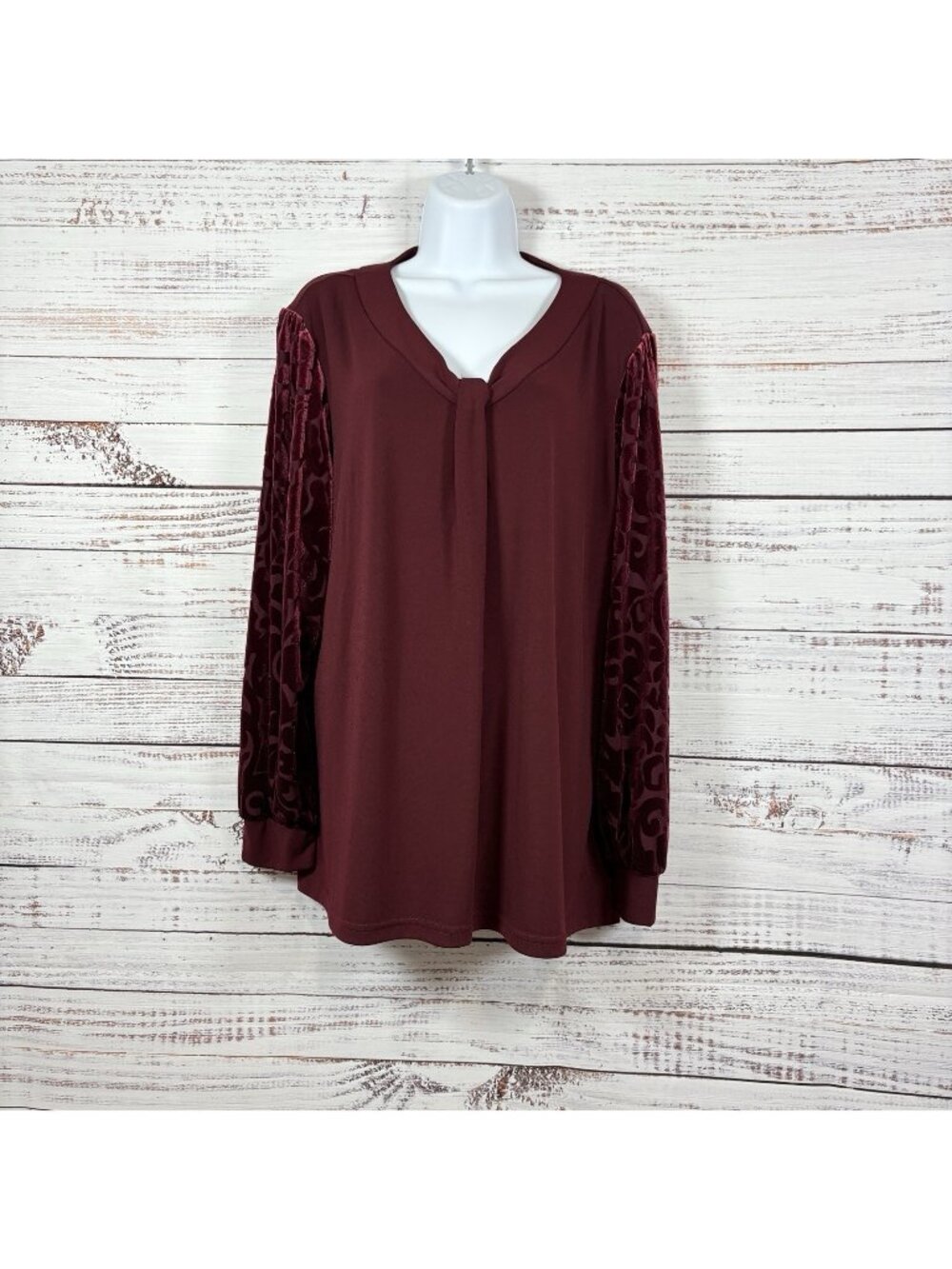 Belle By Kim Gravel Burgundy V Neck Velvet Long Sleeve Blouse